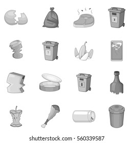 Garbage items icons set in monochrome style isolated on white background