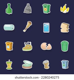 Garbage items icons set stikers collection vector with shadow on purple background