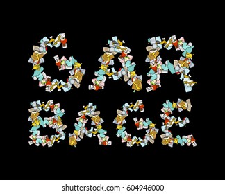 Garbage Lettering. Letters from Rubbish. trash typography. peel from banana and stub. Tin and newspaper. Bone and packaging. Crumpled paper and plastic bottle