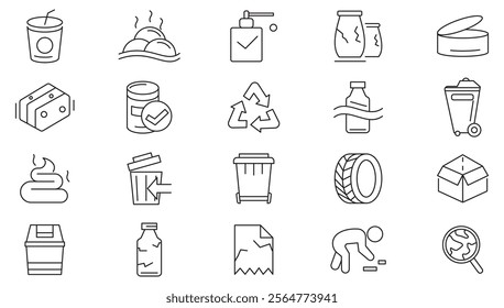 Garbage line icon set. Plastic bottles, biodegradable trash, junk truck, landfill, paper, glass, batteries, garbage disposal, trash separation line icon set. UI thin line icon pack. 