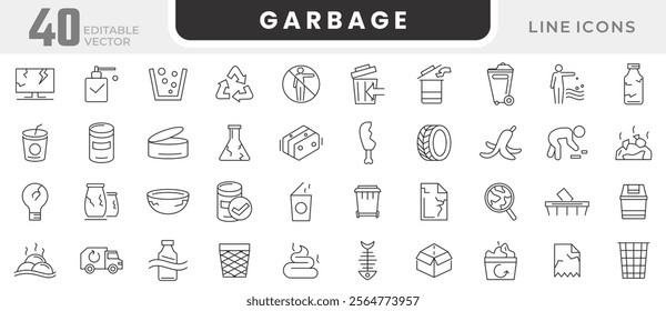 Garbage line icon set. Plastic bottles, biodegradable trash, junk truck, landfill, paper, glass, batteries, garbage disposal, trash separation line icon set. UI thin line icon pack. 