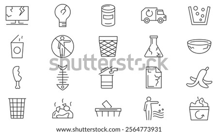 Garbage line icon set. Plastic bottles, biodegradable trash, junk truck, landfill, paper, glass, batteries, garbage disposal, trash separation line icon set. UI thin line icon pack. 