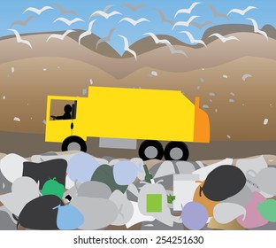 Garbage Lorry At Landfill Site  