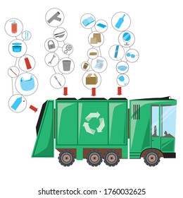 Garbage machine with compartments for sorting garbage and metal, plastic, glass and paper waste as a concept of sorting garbage. Flat vector stock illustration with truck isolated on white background