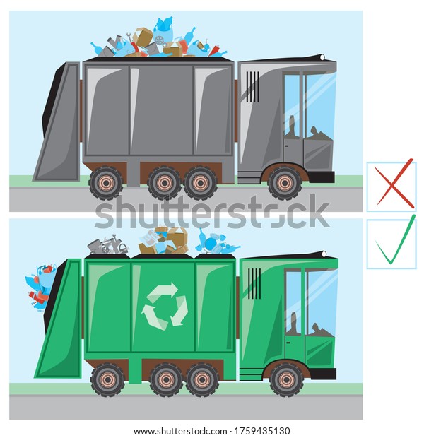 Garbage machine for\
sorting garbage against a garbage machine without sorting garbage\
as a concept of eco friendly lifestyle. Stock vector flat\
illustration with\
truck