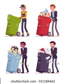 Garbage man and businessmen carring away useless things in trash bins on wheels, ineffective documents, refused money, deleted likes, empty it and get rid of, bright colorful barrels, full length