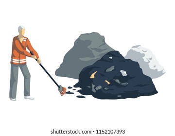 Garbage man clean up pile of trash. Isolated objects on white background. Garbage recycling concept. Vector illustration 