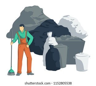 Garbage man clean up pile of trash. Bags, cans, bins, containers of waste. Isolated objects on white background. Vector illustration 