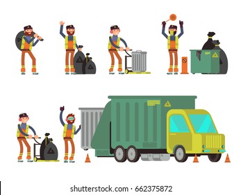 Garbage man collecting city rubbish and waste for recycling. Vector set of people collect dumpster city illustration