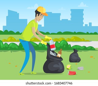 Garbage man in gloves putting plastic bottle in bag, skyscraper view. Smiling worker cleaning environment in city, pollution in urban park, yard vector