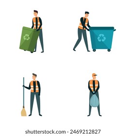 Garbage man icons set cartoon vector. Men street cleaner in uniform behind work. City service concept