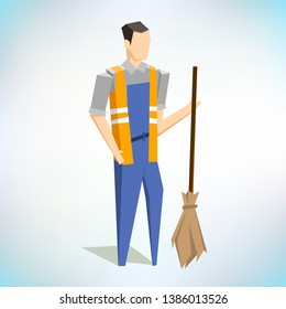 Garbage man or janitor. Character in uniform. Low poly. Vector flat illustration. Vector graphic.