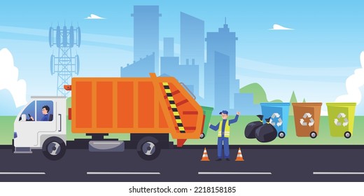 Garbage man loads bins of sortet waste in truck, city background, flat vector illustration. Janitor worker collects trash bags from street for recycling. Rubbish transportation vehicle.