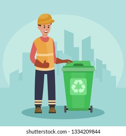 Garbage man with trash container. Recycling concept. City background. Flat vector illustration.
