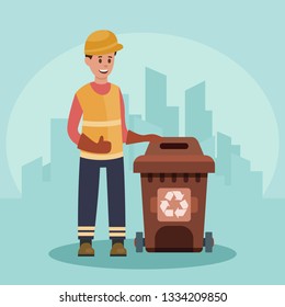 Garbage man with trash container. Recycling concept. City background. Flat vector illustration.