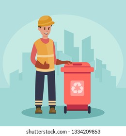 Garbage man with trash container. Recycling concept. City background. Flat vector illustration.