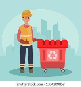 Garbage man with trash container. Recycling concept. City background. Flat vector illustration.