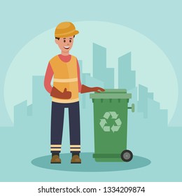 Garbage man with trash container. Recycling concept. City background. Flat vector illustration.