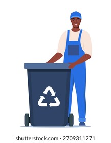 Hombre de la basura en uniforme con el cubo de basura negro y el símbolo del reciclaje en él. Clasificación de basura. Cero desperdicio, concepto de protección del medio ambiente. Trabajador afroamericano. Ilustración vectorial