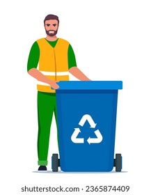 Garbage man in uniform with blue trash bin and recycling symbol on it. Garbage sorting. Zero waste, environment protection concept. Vector illustration