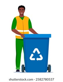 Garbage man in uniform with blue trash bin and recycling symbol on it. Garbage sorting. Zero waste, environment protection concept. African American man worker. Vector illustration
