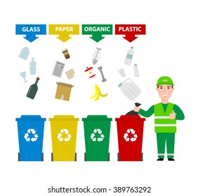 garbage man in uniform with different colors garbage bins cans with sorted waste isolated on white background. garbage waste segregation , waste sorting concept illustration