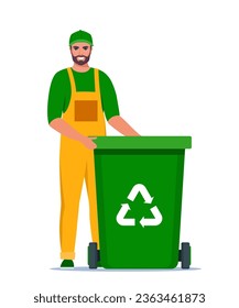 Garbage man in uniform with green trash bin and recycling symbol on it. Garbage sorting. Zero waste, environment protection concept. Vector illustration