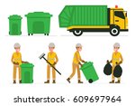Garbage man at work. Vector illustration. Infographic elements collection.