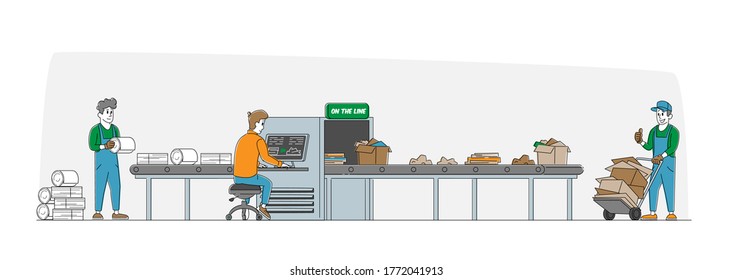 Garbage Manufacturing Concept. Paper Waste Recycling Technological Process. Worker Characters Select, Sort Carton Litter At Factory Conveyor Belt Make Clean Sheets. Linear People Vector Illustration