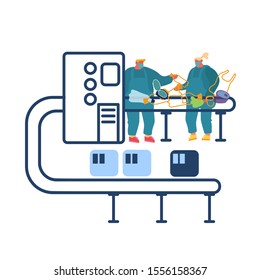 Garbage Manufacturing and Eco Protection Concept. Wastes Recycling Technological Process. Workers in Robe Select and Sort Different Litter at Factory Conveyor Belt Cartoon Flat Vector Illustration