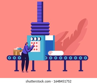 Garbage Manufacturing, Eco Protection Concept. Paper Wastes Recycling Technological Process. Worker Select and Sort Carton Litter at Factory Conveyor Belt Make Sheets. Cartoon Flat Vector Illustration