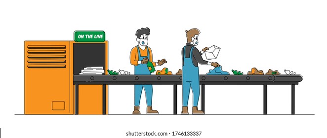 Garbage Manufacturing and Eco Protection Concept. Wastes Recycling Technological Process. Workers Characters in Robe Select and Sort Litter at Factory Conveyor Belt. Linear People Vector Illustration