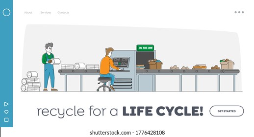 Garbage Manufacturing Landing Page Template. Paper Waste Recycling Technological Process. Worker Characters Select, Sort Carton Litter at Factory Conveyor Belt. Linear People Vector Illustration