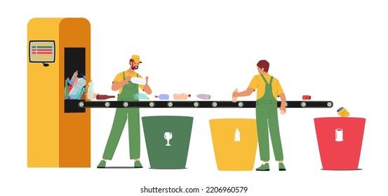Garbage Manufacturing Service, Wastes Recycling Technological Process Concept. Workers Characters in Robe Selecting and Sorting Litter at Factory Conveyor Belt. Cartoon People Vector Illustration - Shutterstock ID 2206960579