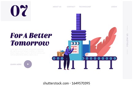 Garbage Manufacturing Website Landing Page. Paper Wastes Recycling Technological Process. Worker Select and Sort Carton Litter at Factory Conveyor Web Page Banner. Cartoon Flat Vector Illustration