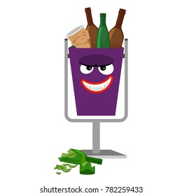 Garbage monster face can for children with glass waste, vector illustration