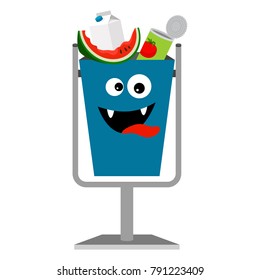 Garbage monster face can for children with house organic waste, vector illustration