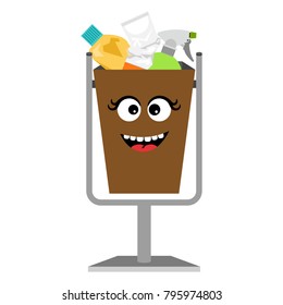 Garbage monster face can for children with household plastic waste, vector illustration