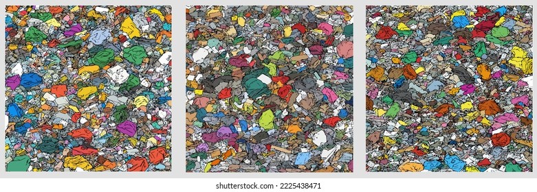 Basura, montañas de basura, basura, basura, basura, suciedad, contaminación, reciclaje de dibujos animados de vectores de ilustración
