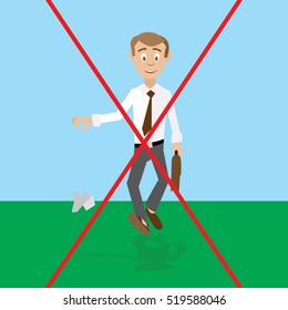 garbage is not to quit. information banner. the clerk. a man throws paper on the floor. vector illustration of cartoon