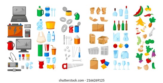 Garbage Objects. Rubbish Sorting. Plastic, Metal And Organic Landfill. Waste Classification For Litter Utilization And Ecological Litter Reuse. Trash Disposal And Recycle Vector Set