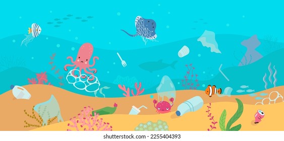 Basura en el océano. Mar sucio, basura de plástico y animales submarinos. Naturaleza contaminada, problemas ecológicos ambientales. Escena vectorial de la vida marina de hoy