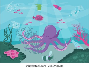 Garbage in the ocean. Plastic debris floating in the water. Seascape with polluted ocean. Ecosystem destruction. Marine animals suffer from pollution. Ecological problem. Vector illustration.