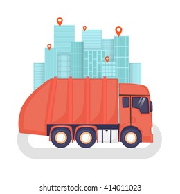 Garbage on the background of the city, disposal, clean. Flat design vector illustration.