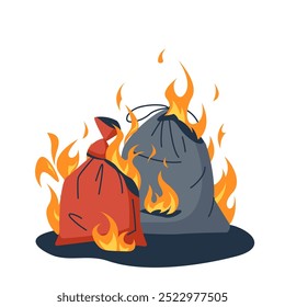 Basura en llamas. Quemando bolsas de basura llenas de residuos. Ilustración vectorial aislada en un fondo blanco en estilo de dibujos animados. Concepto de contaminación ambiental.