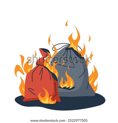 Garbage on fire. Burning trash bags full of waste. Vector illustration isolated on a white background in cartoon style. Environmental pollution concept.