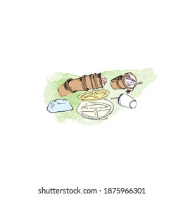 Garbage on the grass - plastic cups, plastic plates, leftovers. Vector isolated image of the landfill.
