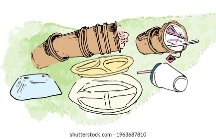 Garbage on the grass - plastic cups, plastic plates, leftovers. Vector isolated image of the landfill.