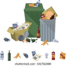 Garbage on white background. Cartoon trash, food rubbish, litter and refuse, sweepings for waste dump for recycle