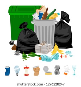 Garbage on white. Cartoon vector trash and food rubbish, litter and refuse, sweepings for waste dump for recycle, vector illustration